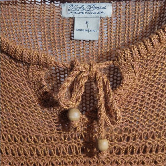 Lucky Brand Boho Crochet Sweater Brown Tie Neck Open Knit Semi Sheer Top Small - Picture 5 of 10